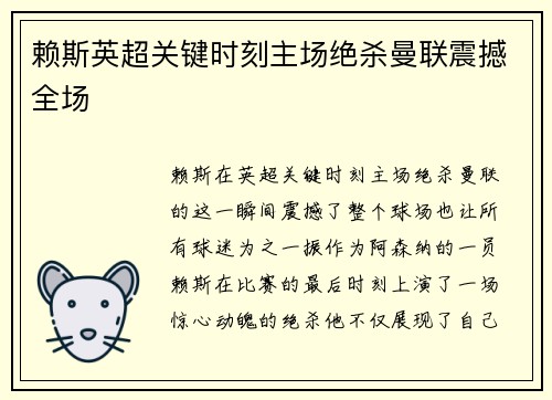 赖斯英超关键时刻主场绝杀曼联震撼全场