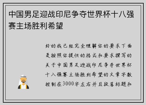 中国男足迎战印尼争夺世界杯十八强赛主场胜利希望