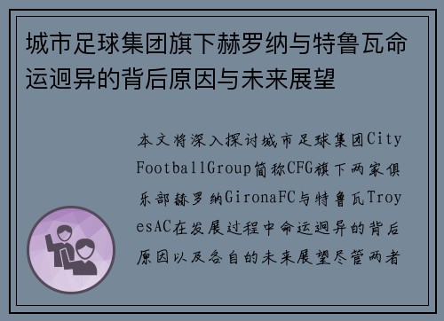 城市足球集团旗下赫罗纳与特鲁瓦命运迥异的背后原因与未来展望
